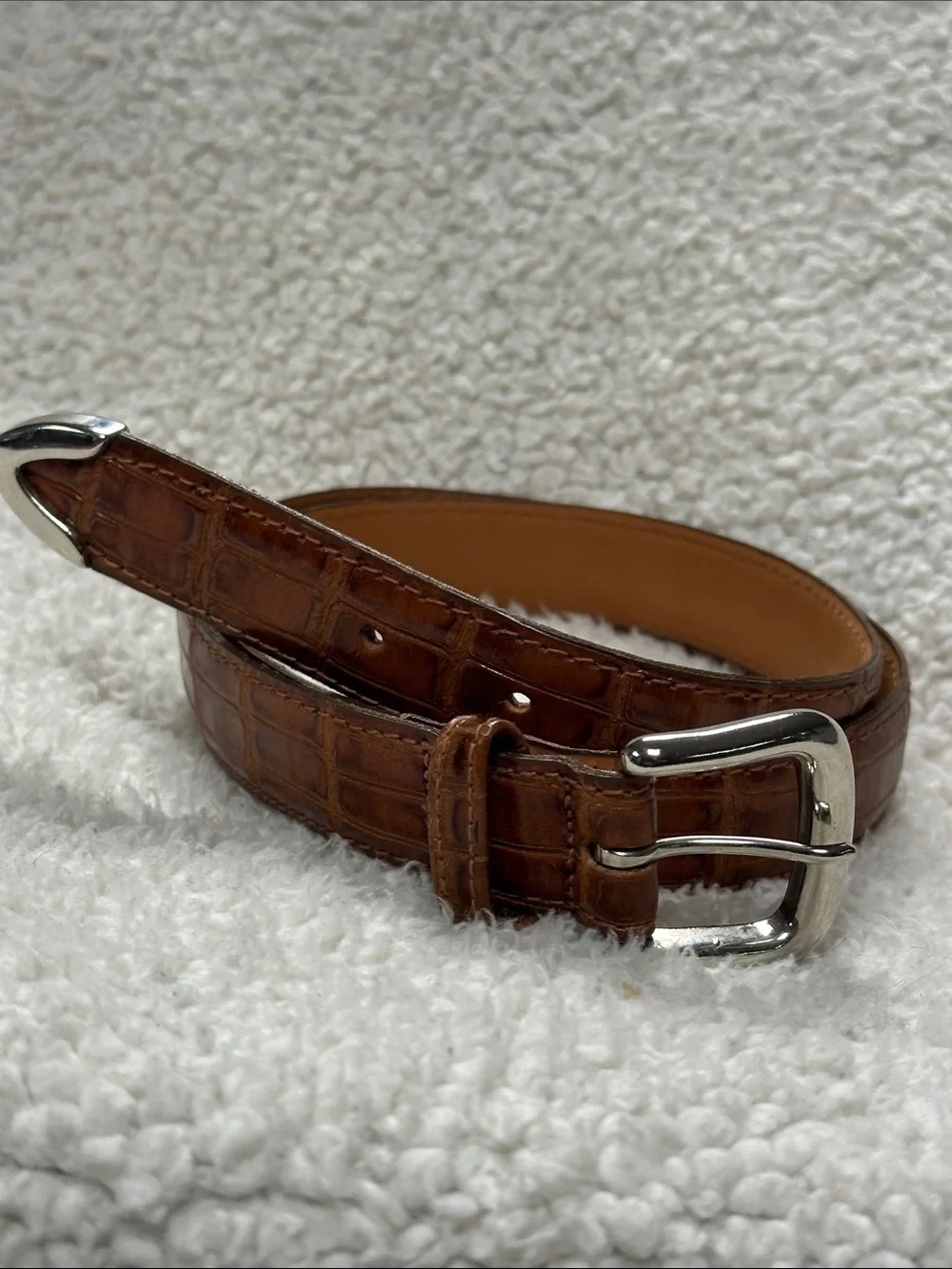 Carmel Brown Croc print Top Grain Cowhide leather belt, Silver buckle & tip EUC!